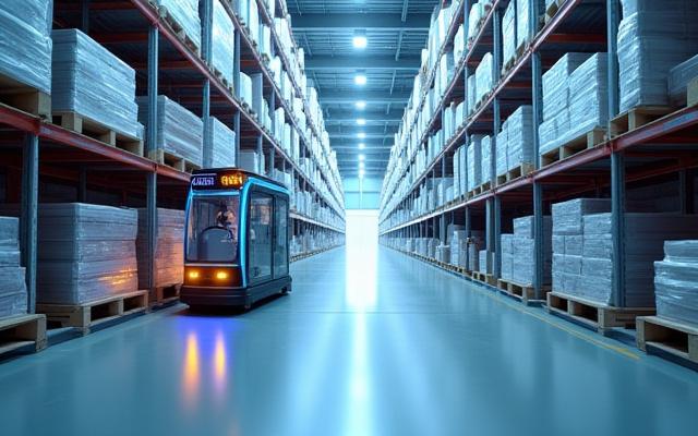 Modernes Hochregallager mit automatisierten Systemen und Gabelstapler