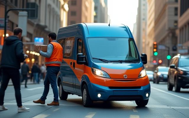 Ein Lieferwagen fährt durch eine belebte Stadtstraße, symbolisiert Last-Mile-Delivery