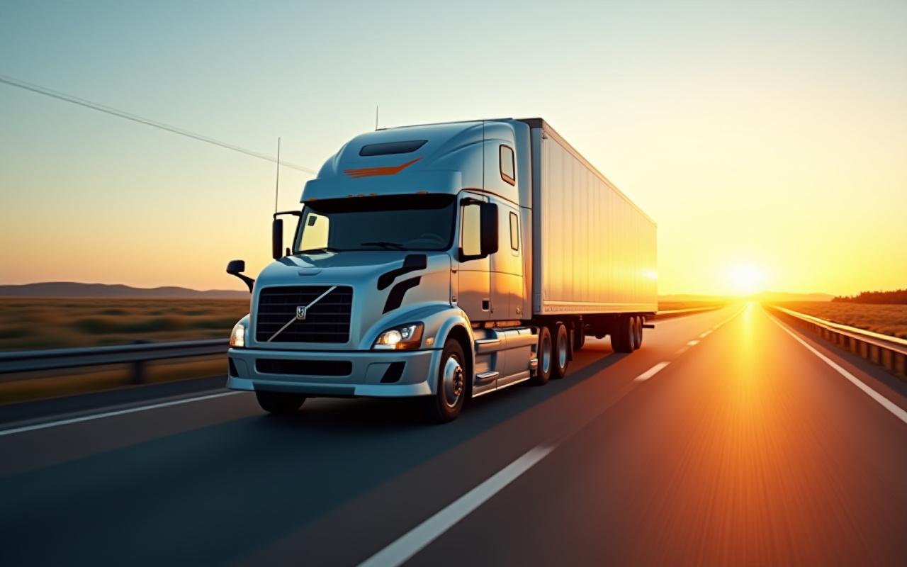 Ein LKW von Mirage Express fährt bei Sonnenaufgang über eine Autobahn und symbolisiert Wachstum und Fortschritt.